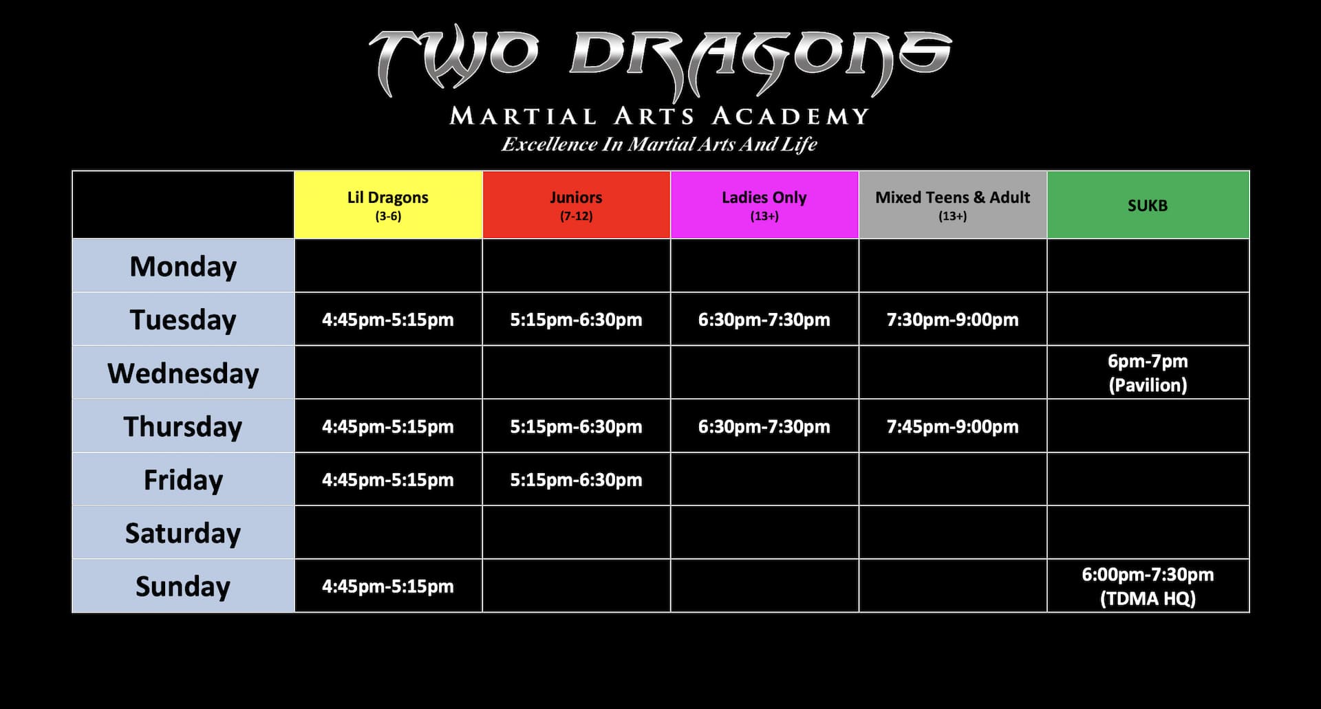 Two Dragons Timetable